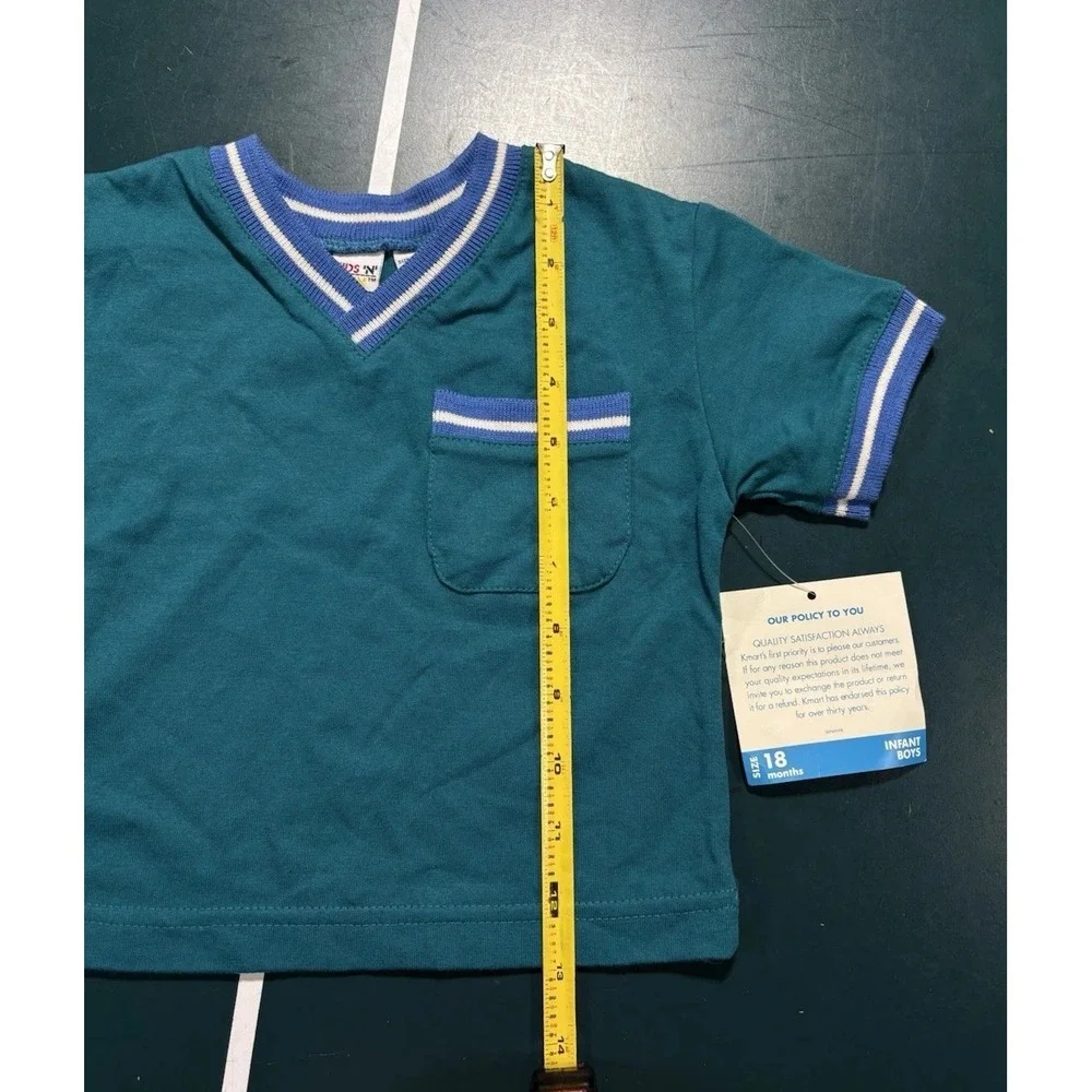 VTG 90s Striped Pocket T Shirt Size 18 Month Toddler Green Blue Deadstock NOS
